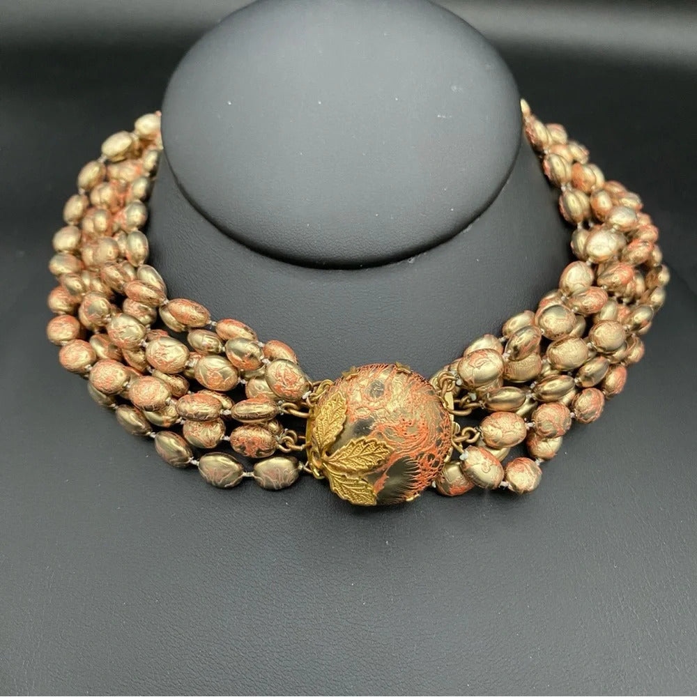 Vintage 1960s Choker Necklace with Plastic Gold and Coral Beads with Leaf Motif