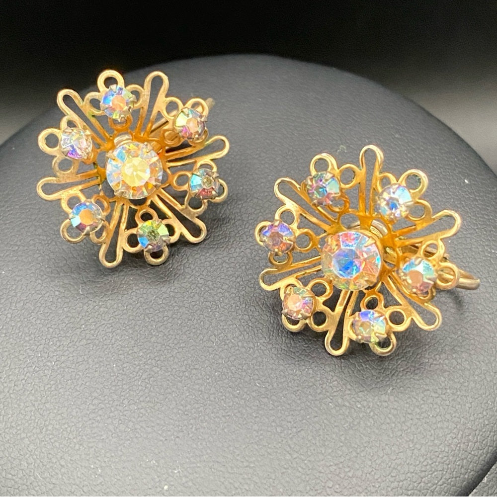 1950s Aurora Borealis Rhinestone Starburst Flower Clip On Earrings