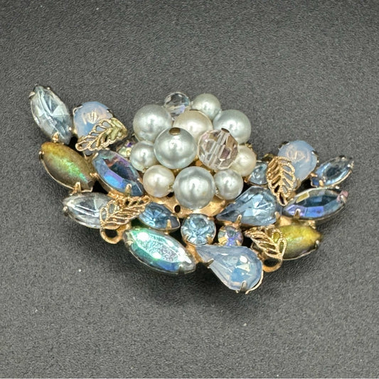 Stunning Blue and Gold Tone Faux Pearl Brooch with Crystal Beads