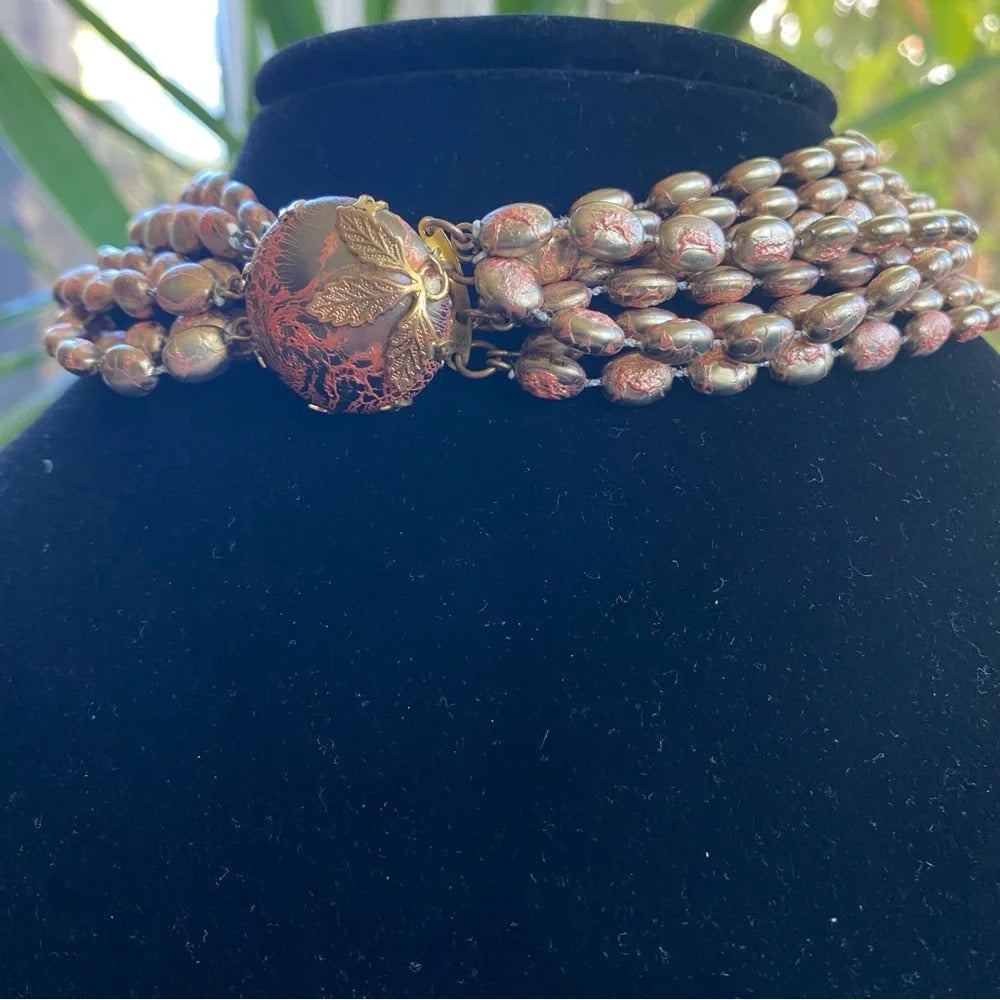 Vintage 1960s Choker Necklace with Plastic Gold and Coral Beads with Leaf Motif
