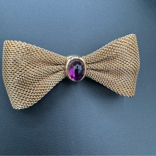 Gold Tone Mesh Pin with Purple Lucite Cabochon Jewel