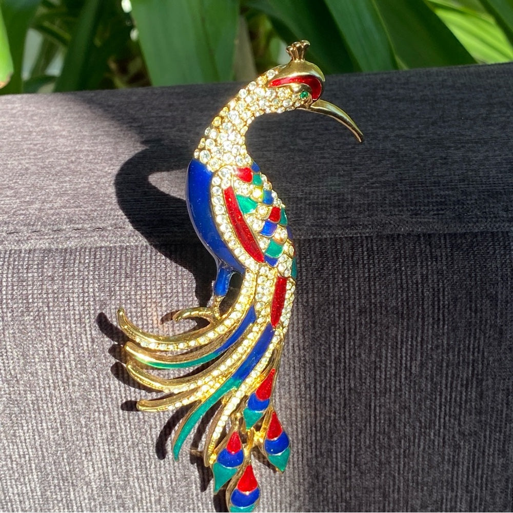 Colorful Bird Brooch In Blue, Red, Green Enamel and Sparkly Rhinestones in Gold