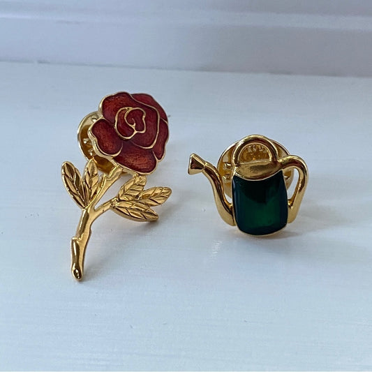 Monet Scatter Pins Rose and Watering Can Enamel Pin Set