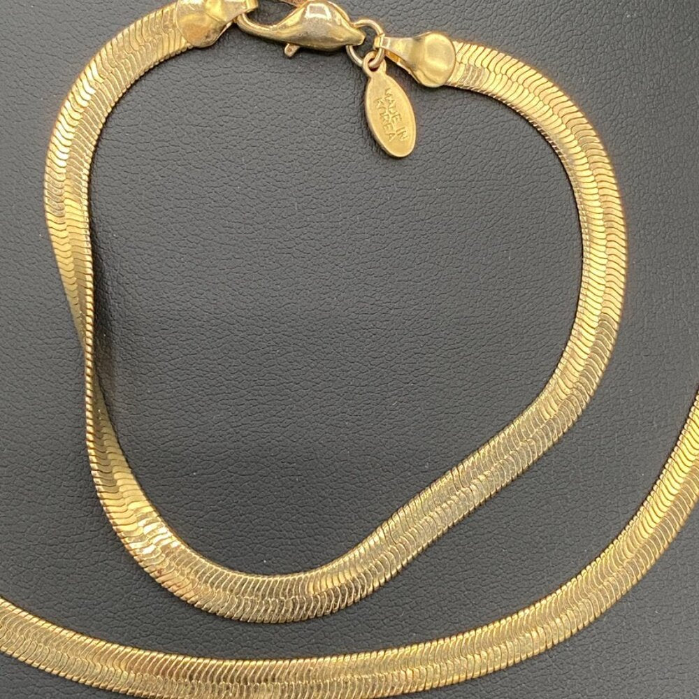 American Showcase 1980s Gold Tone Herringbone Link Bracelet and Necklace Set