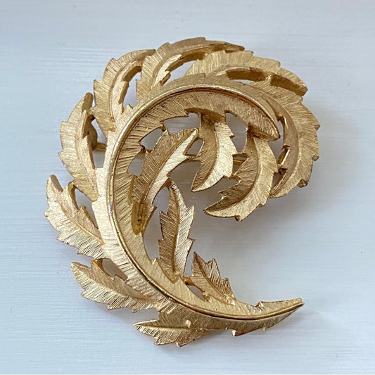Vintage Crown Trifari Curved Leaf Brooch in Brushed Gold Tone