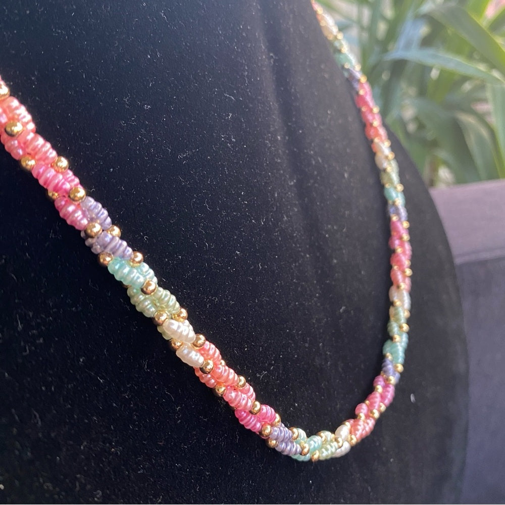 Vintage 1980s Faux Pearl Twisted Pastel Blue, Pink Necklace