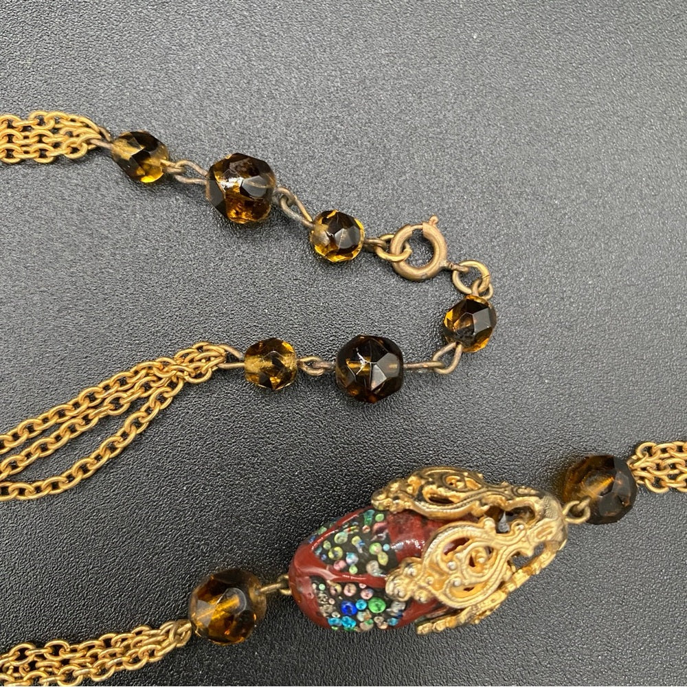 Vintage Textured Glass Bead Flapper Necklace with Gold Tone Filigree Details