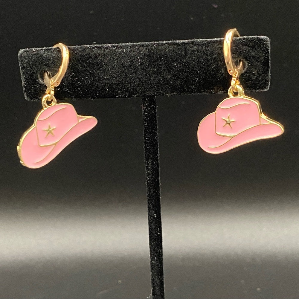 Pink Cowgirl Rodeo Hat Huggie Earrings - Pierced