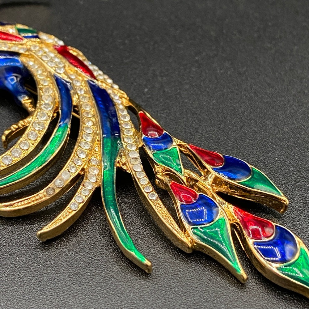Colorful Bird Brooch In Blue, Red, Green Enamel and Sparkly Rhinestones in Gold