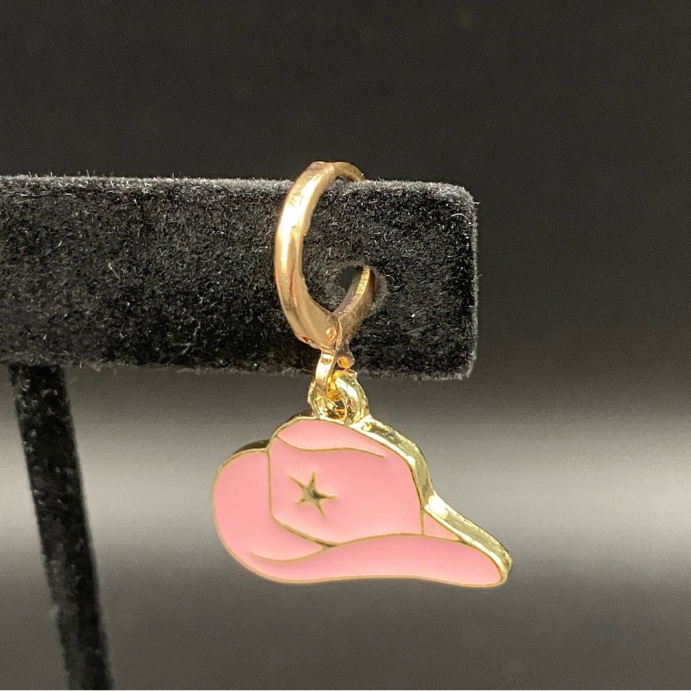 Pink Cowgirl Rodeo Hat Huggie Earrings - Pierced