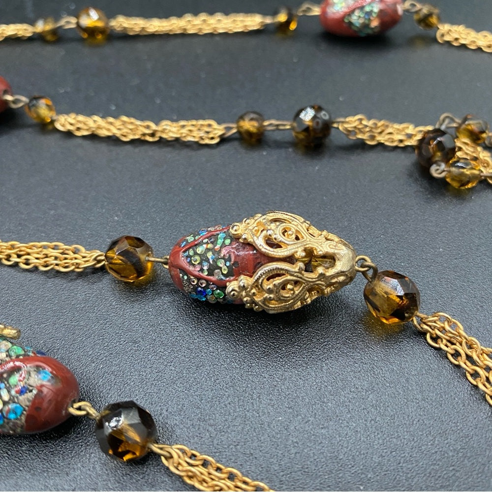 Vintage Textured Glass Bead Flapper Necklace with Gold Tone Filigree Details