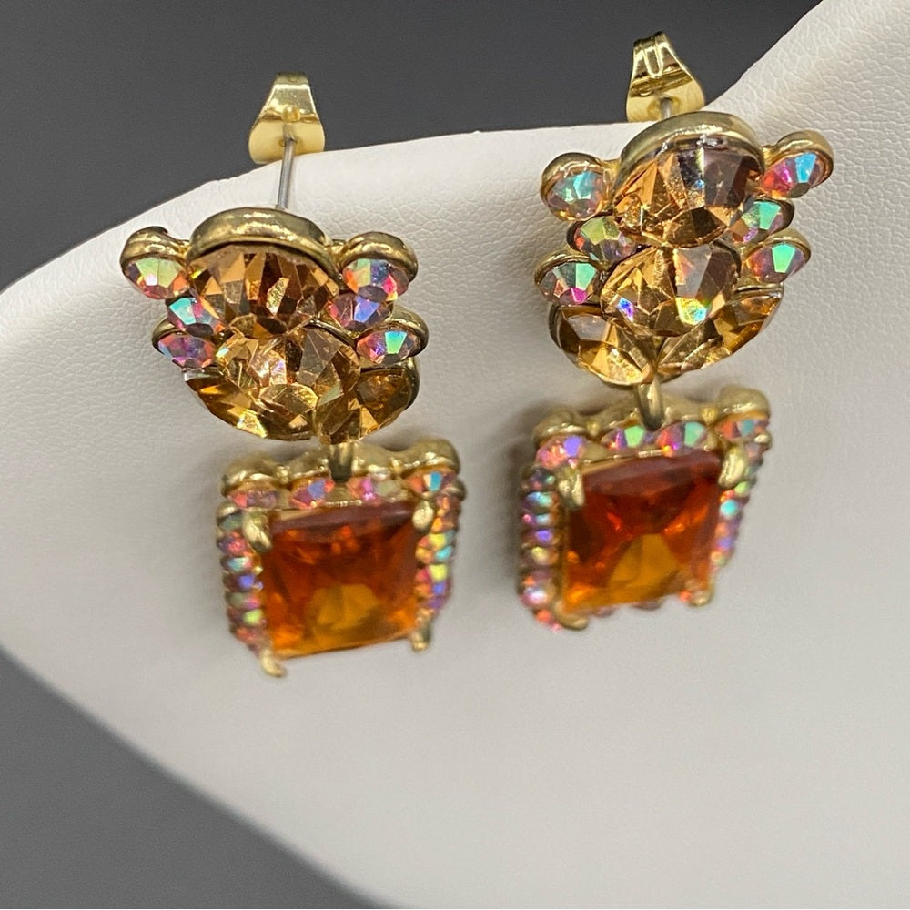 Glamorous Topaz and Aurora Borealis Glass and Rhinestone Drop Earrings Pierced