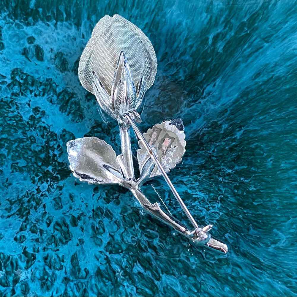 Anne Klein Signed Mesh Rose Silver Tone Brooch