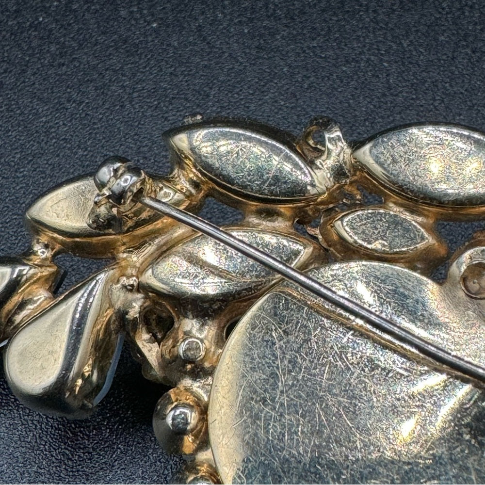Stunning Blue and Gold Tone Faux Pearl Brooch with Crystal Beads