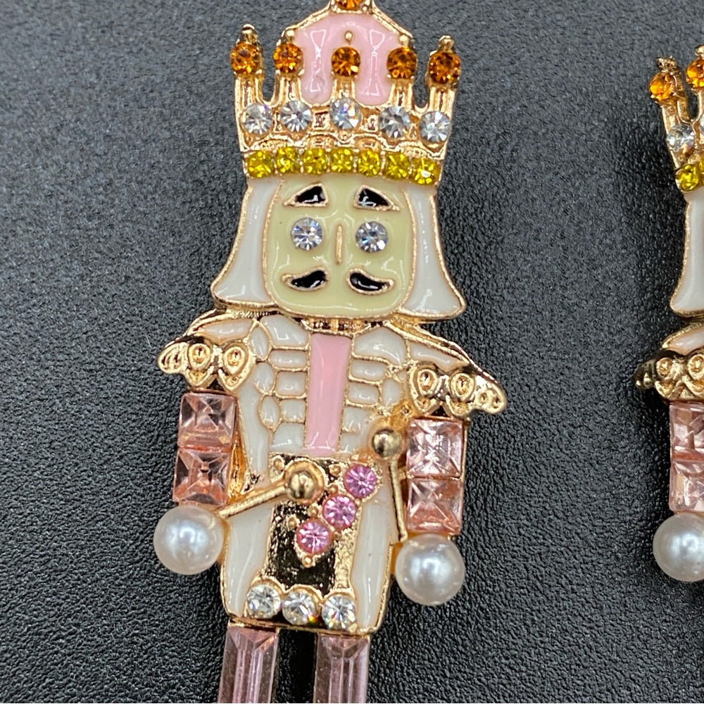 Nutcracker Sparkly Rhinestone Pink Colored Christmas Holiday Earrings