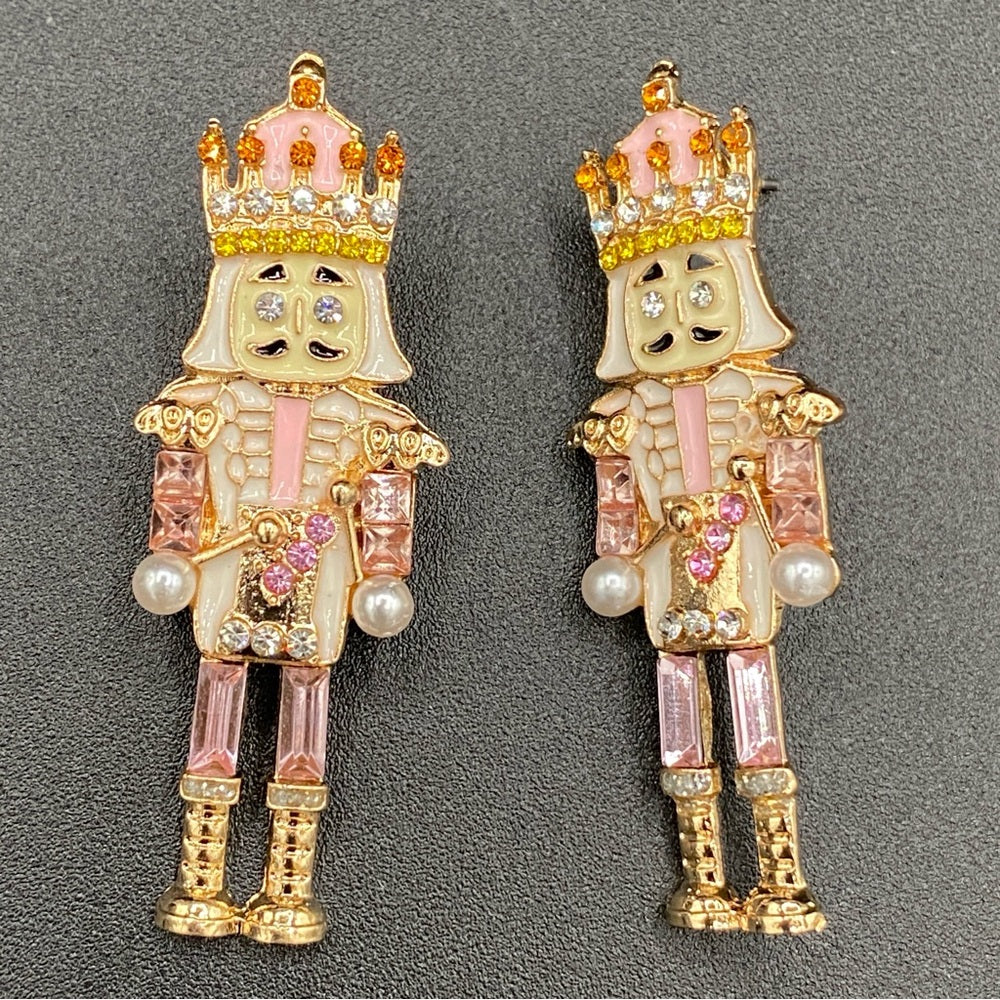 Nutcracker Sparkly Rhinestone Pink Colored Christmas Holiday Earrings