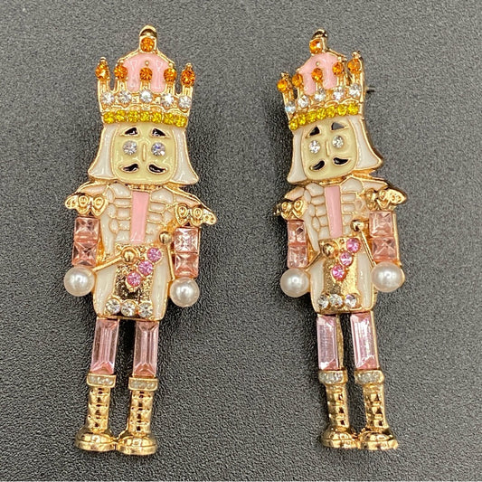 Nutcracker Sparkly Rhinestone Pink Colored Christmas Holiday Earrings