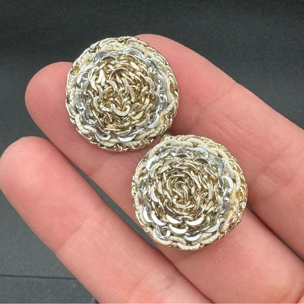 Vintage Three Tone Metal Chain Dome Earrings - Clip On