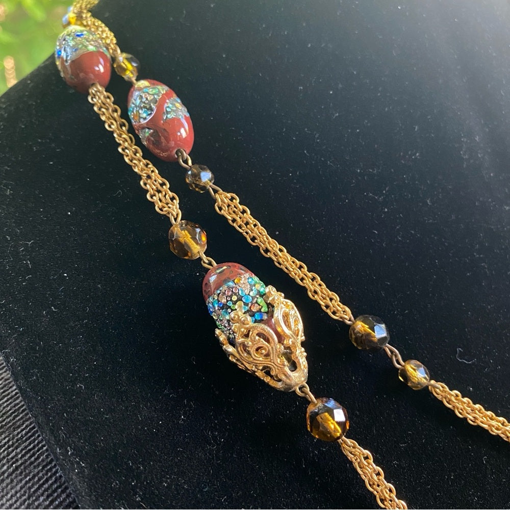 Vintage Textured Glass Bead Flapper Necklace with Gold Tone Filigree Details