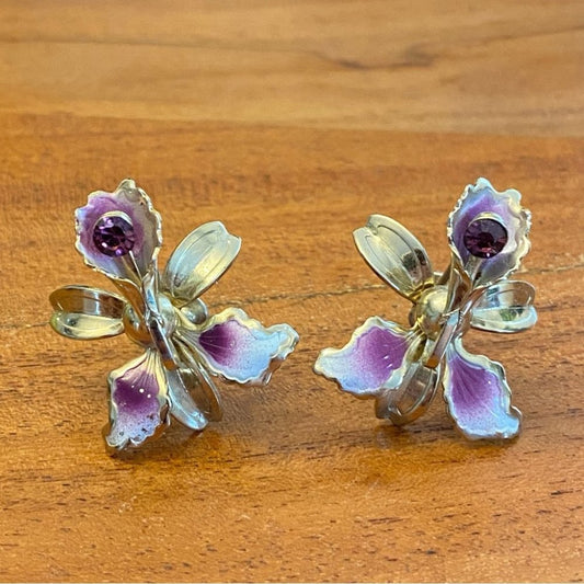 MCM Vintage Orchid Lily Screw back Purple Rhinestone Gold tone Earrings