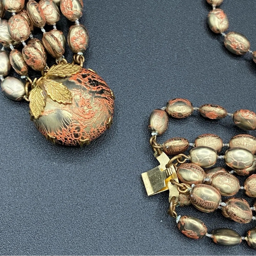 Vintage 1960s Choker Necklace with Plastic Gold and Coral Beads with Leaf Motif
