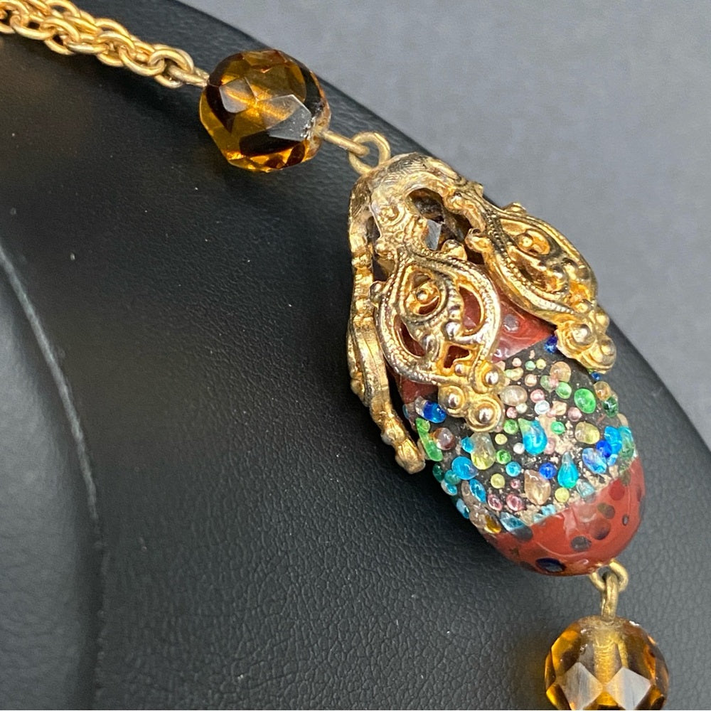 Vintage Textured Glass Bead Flapper Necklace with Gold Tone Filigree Details