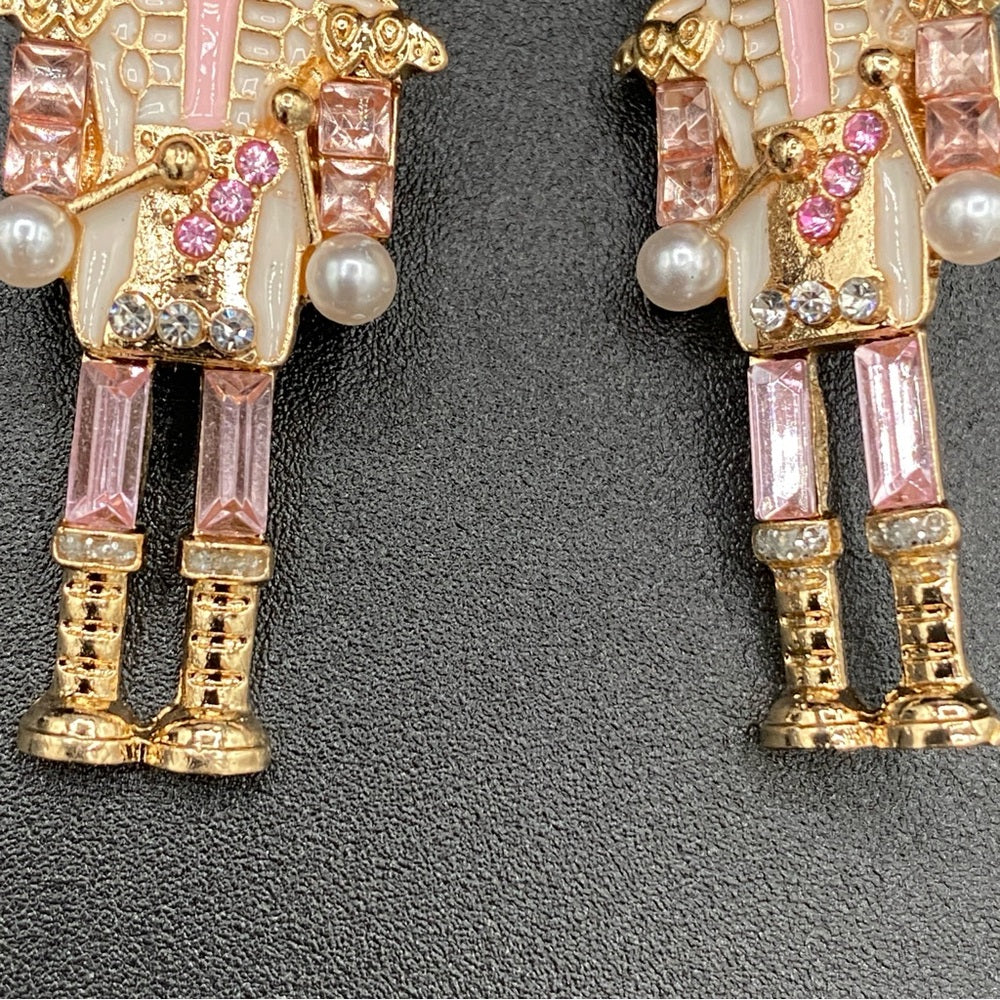 Nutcracker Sparkly Rhinestone Pink Colored Christmas Holiday Earrings