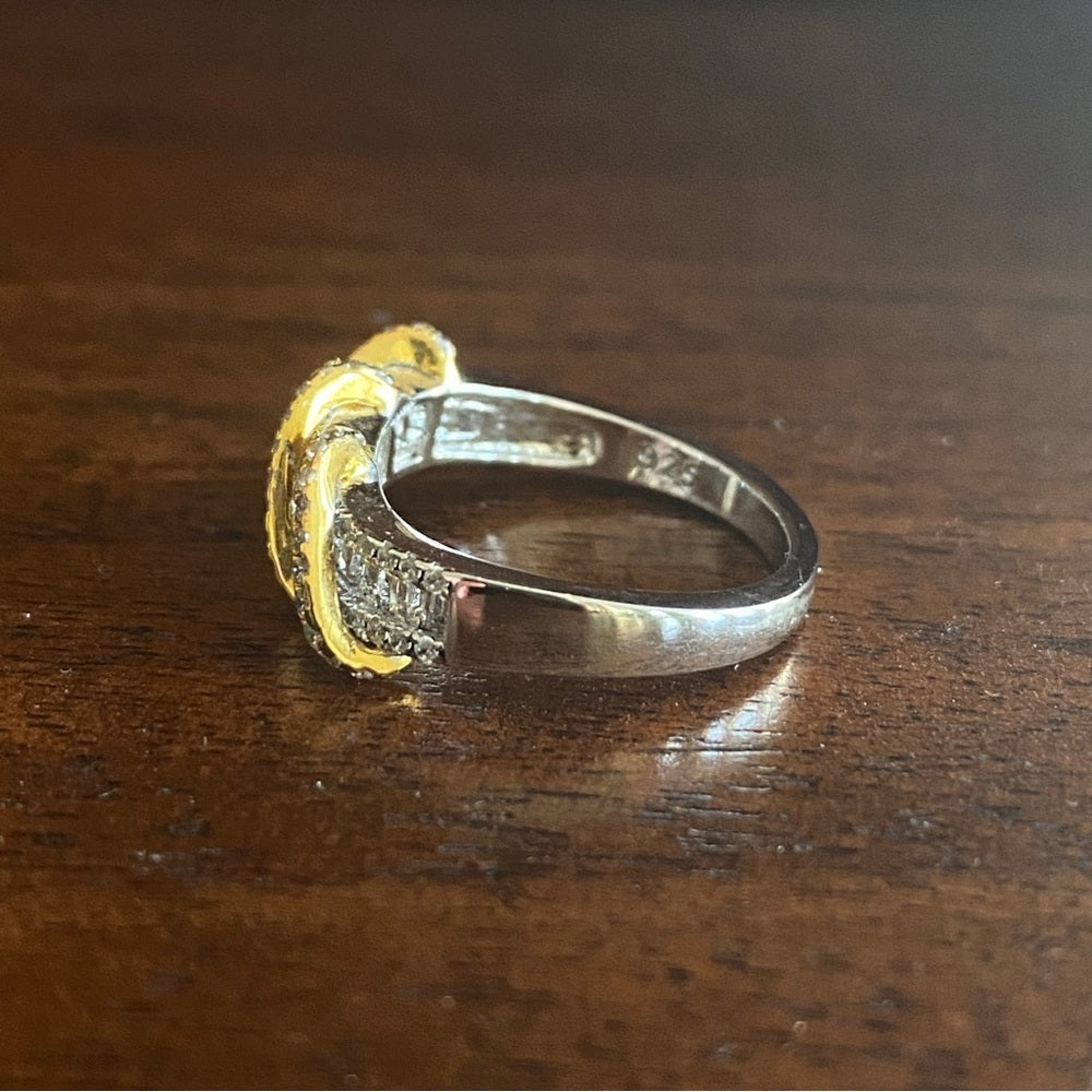 Stunning 14k Yellow Gold & 925 Sterling Silver CZ Stone Intricate Modernist Ring