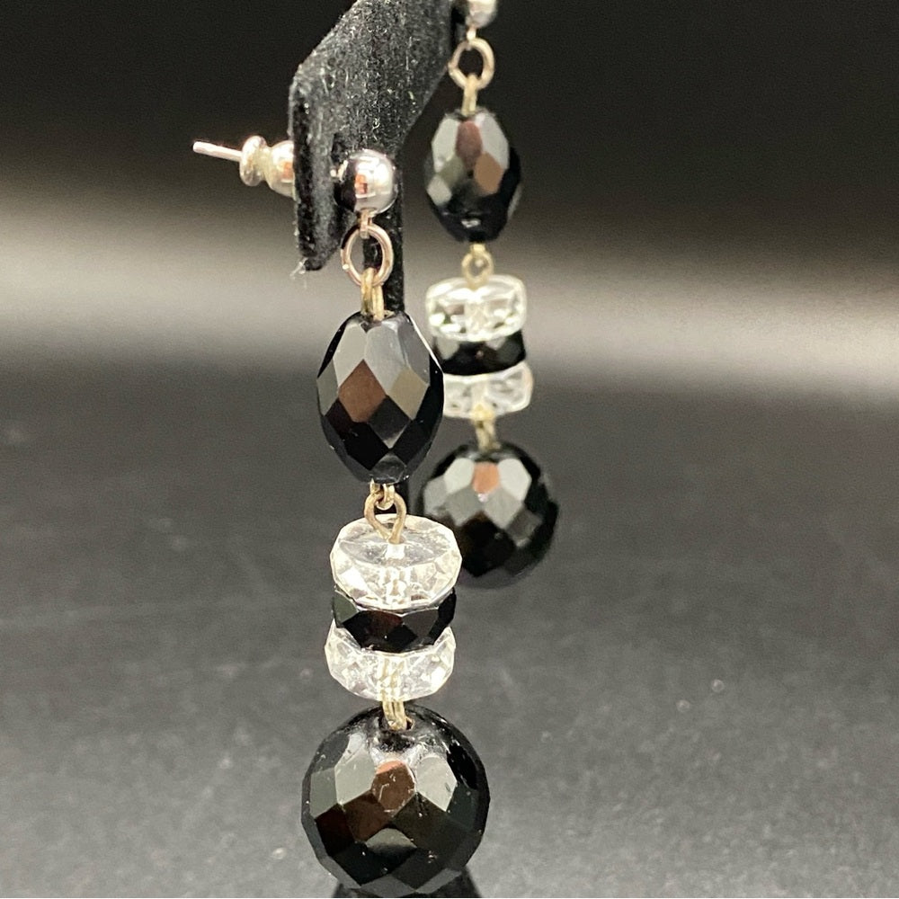 Jet Black Faceted Glass Beaded Dangly Earrings