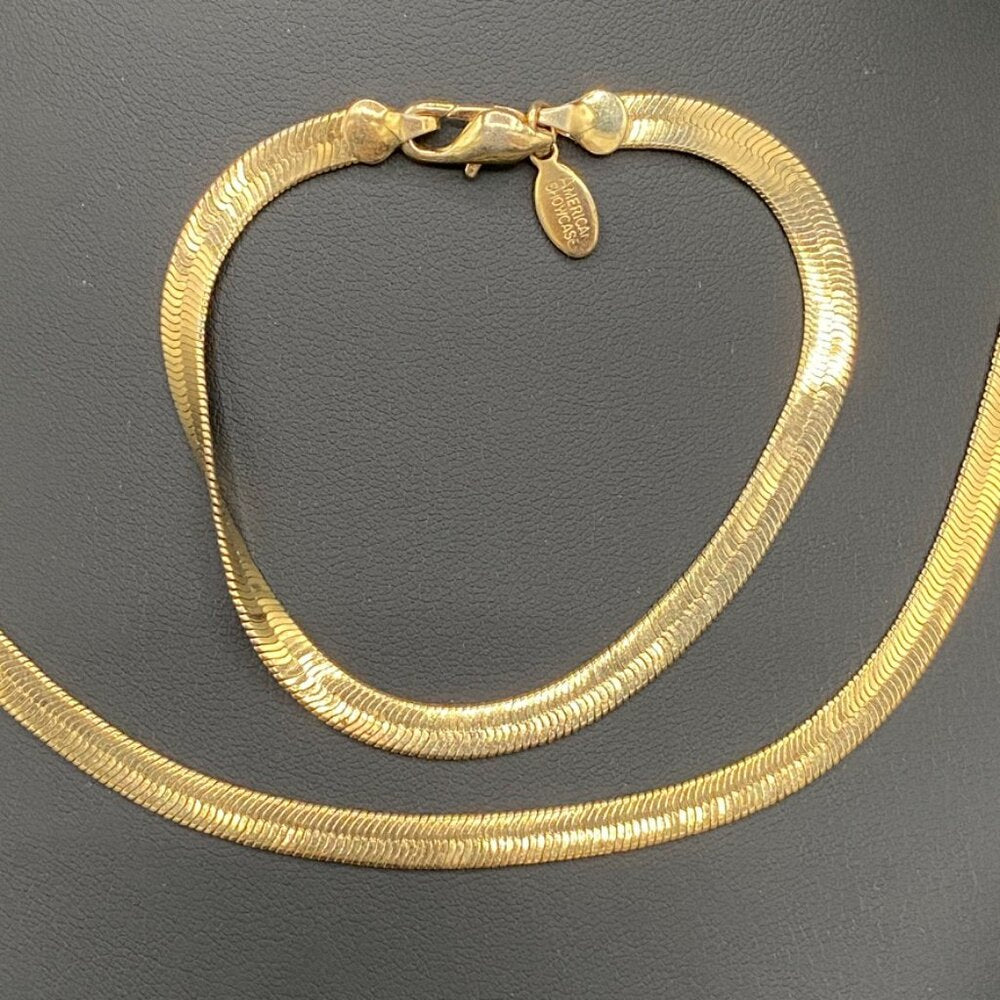 American Showcase 1980s Gold Tone Herringbone Link Bracelet and Necklace Set