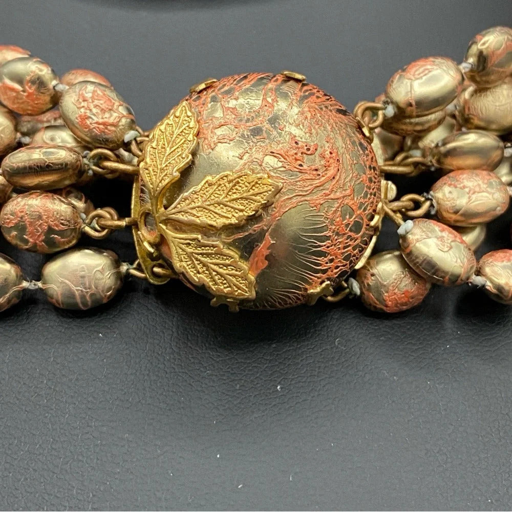 Vintage 1960s Choker Necklace with Plastic Gold and Coral Beads with Leaf Motif
