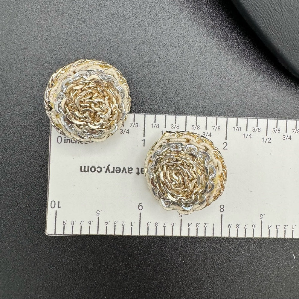 Vintage Three Tone Metal Chain Dome Earrings - Clip On