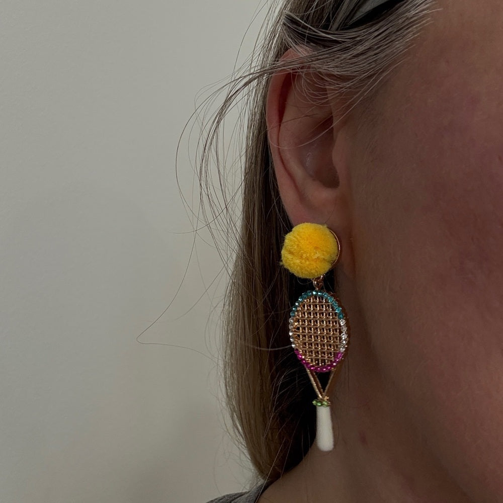 Cute Tennis Racket Statement Earrings with PomPom and Rhinestones