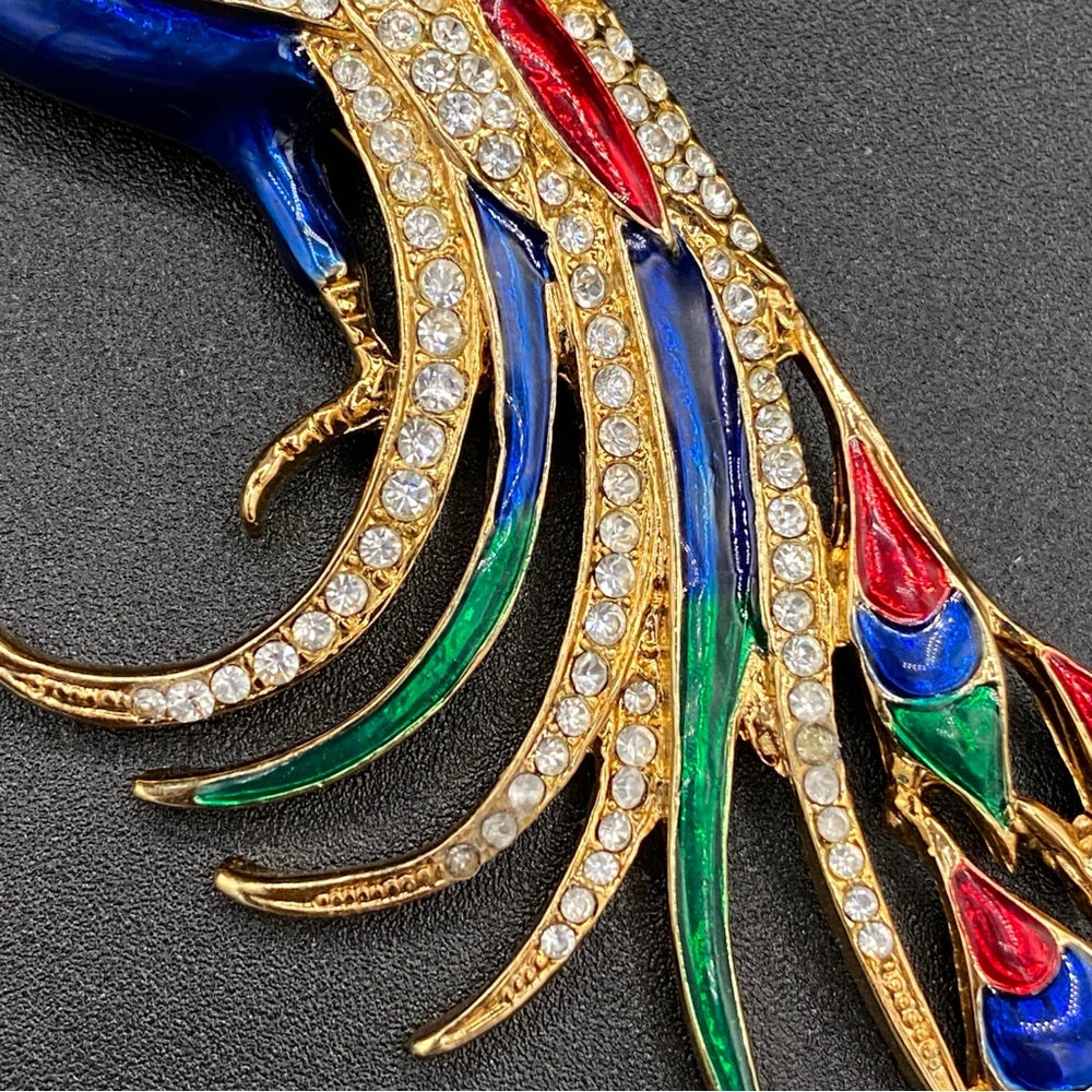 Colorful Bird Brooch In Blue, Red, Green Enamel and Sparkly Rhinestones in Gold
