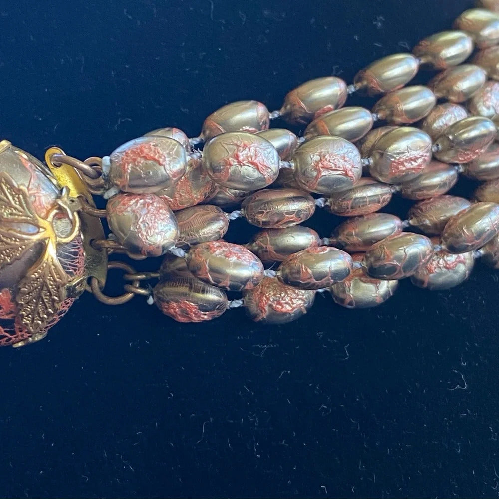 Vintage 1960s Choker Necklace with Plastic Gold and Coral Beads with Leaf Motif