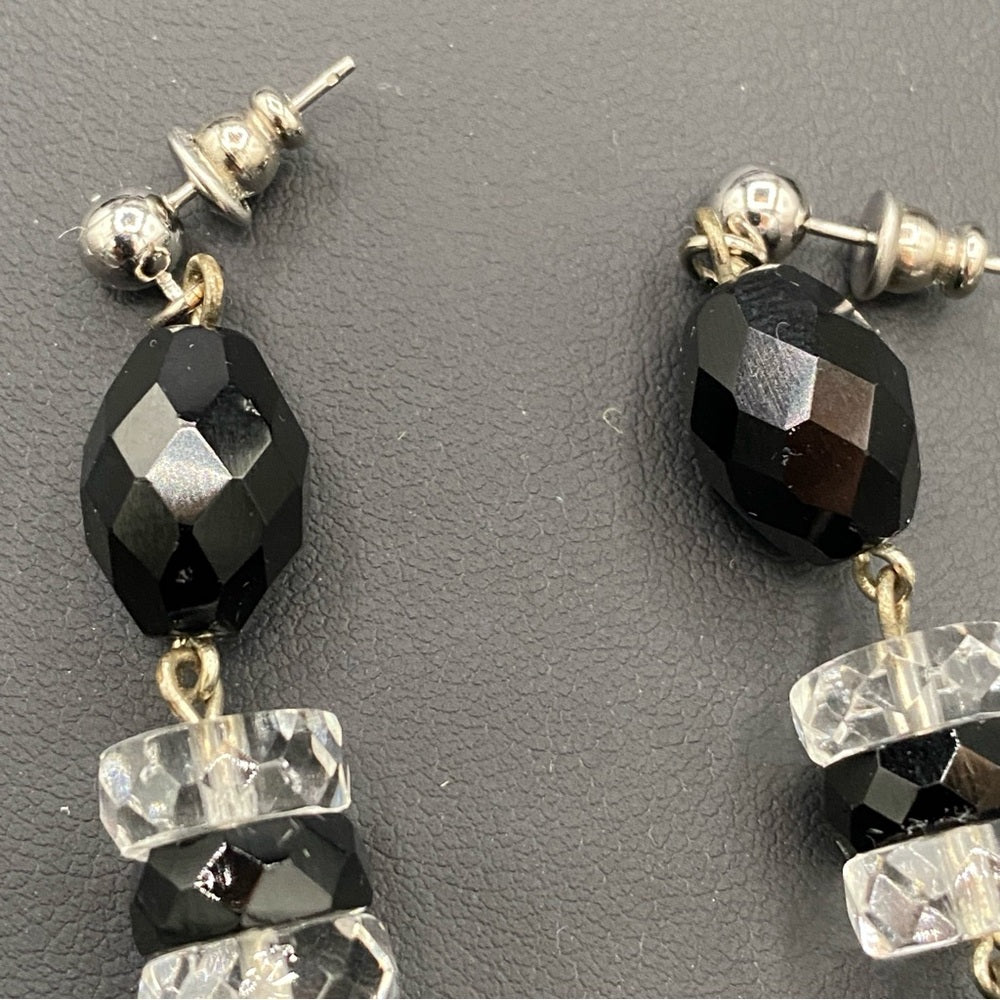 Jet Black Faceted Glass Beaded Dangly Earrings