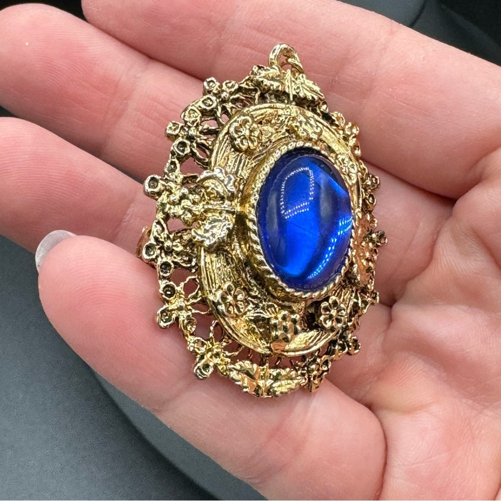 Victorian Revival Ornate Brooch with Royal Blue Cabochon Centre