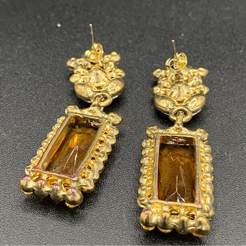 Glamorous Topaz and Aurora Borealis Glass and Rhinestone Drop Earrings Pierced