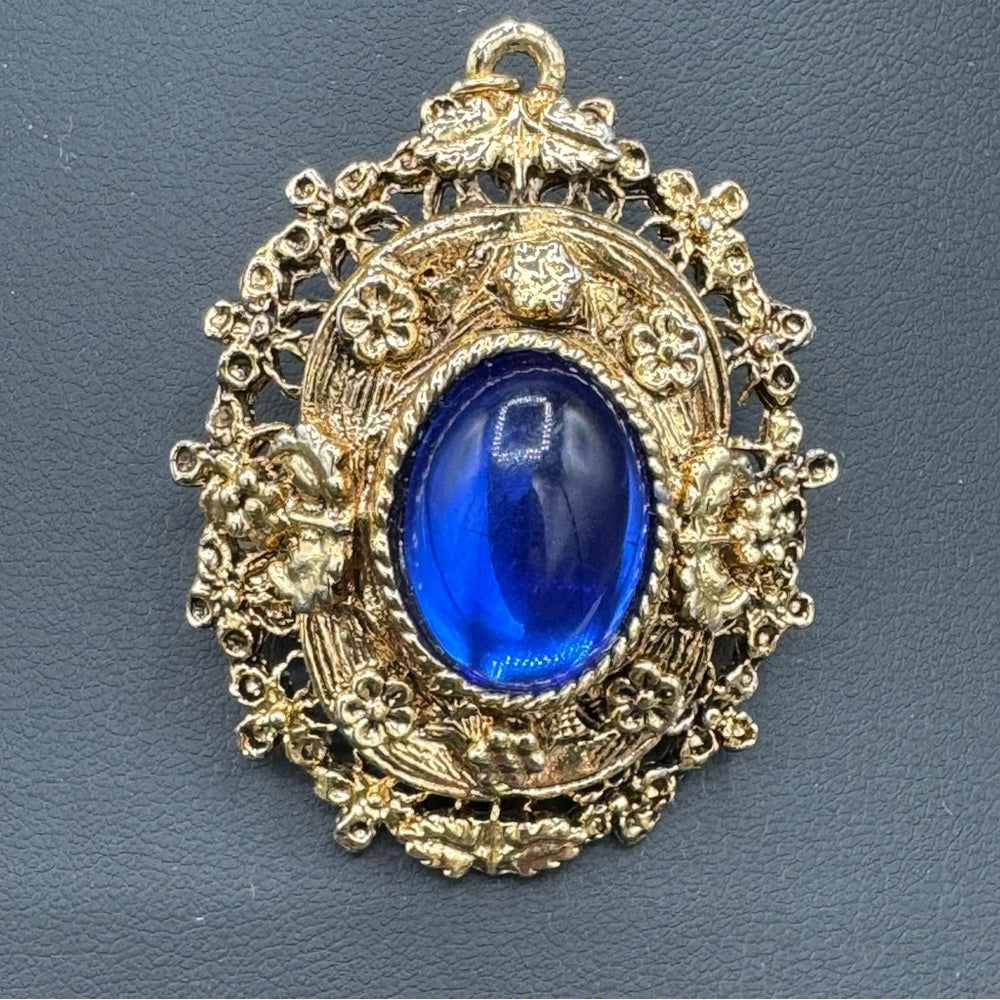 Victorian Revival Ornate Brooch with Royal Blue Cabochon Centre
