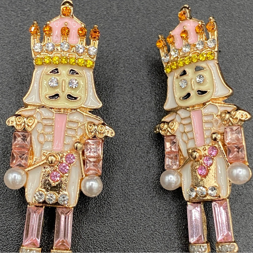 Nutcracker Sparkly Rhinestone Pink Colored Christmas Holiday Earrings
