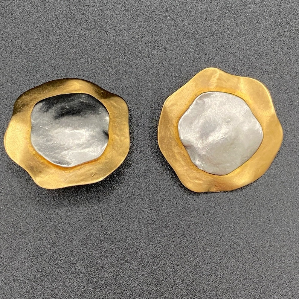 Vintage Modernist Glam Two Tone Textured Metal Earrings