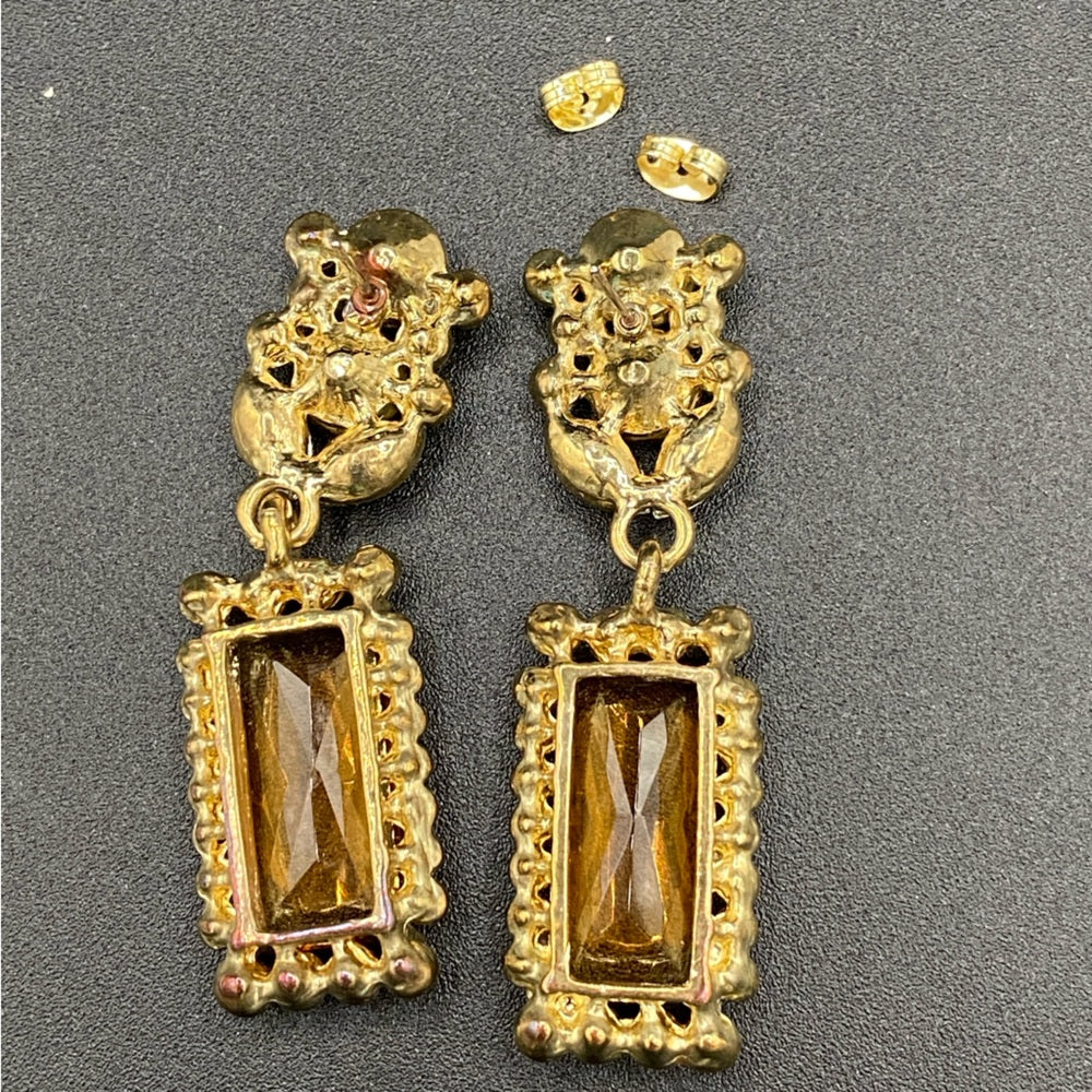 Glamorous Topaz and Aurora Borealis Glass and Rhinestone Drop Earrings Pierced