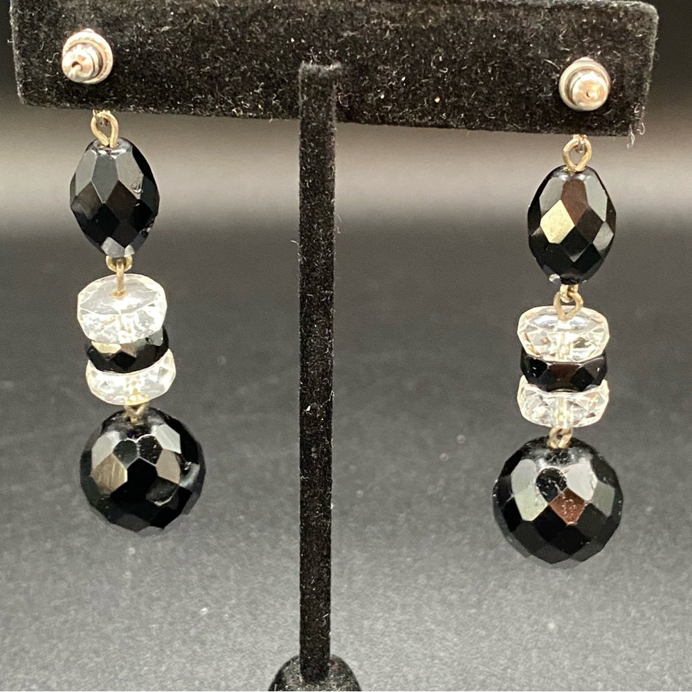 Jet Black Faceted Glass Beaded Dangly Earrings