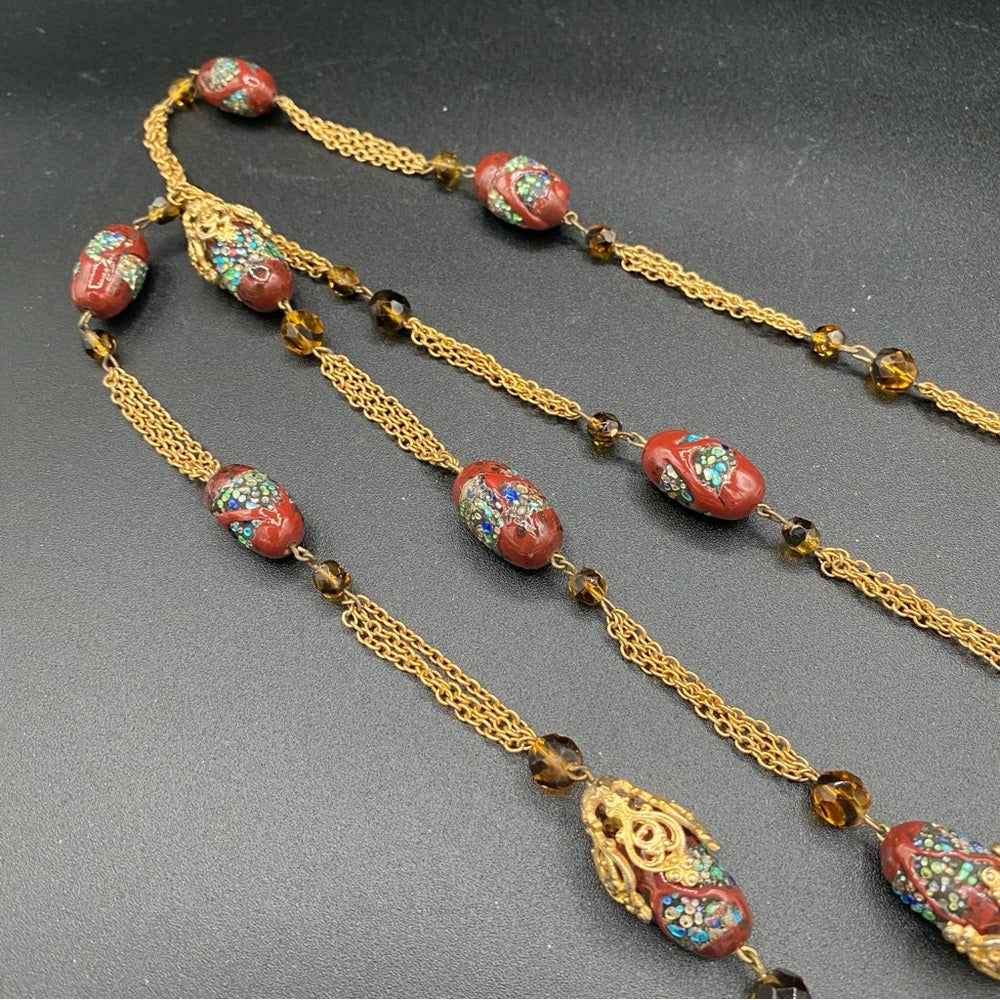 Vintage Textured Glass Bead Flapper Necklace with Gold Tone Filigree Details