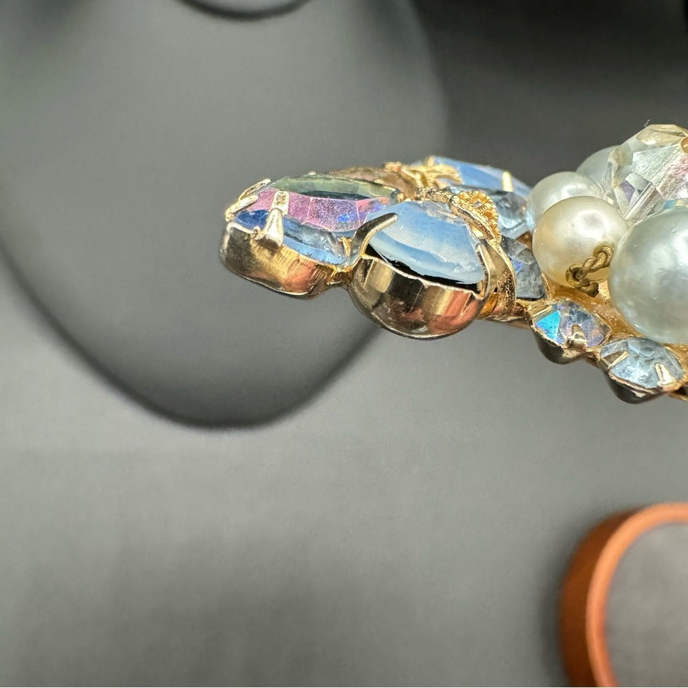 Stunning Blue and Gold Tone Faux Pearl Brooch with Crystal Beads