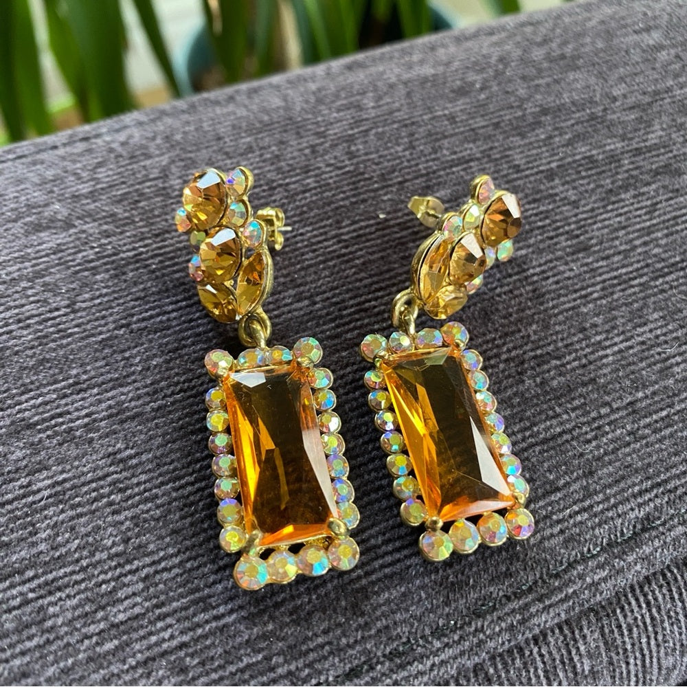 Glamorous Topaz and Aurora Borealis Glass and Rhinestone Drop Earrings Pierced
