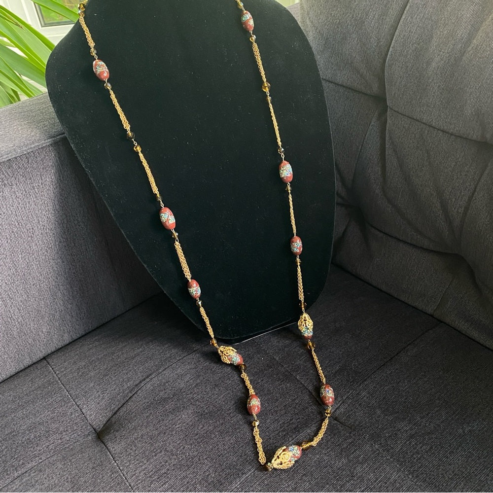 Vintage Textured Glass Bead Flapper Necklace with Gold Tone Filigree Details