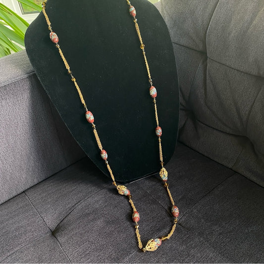 Vintage Textured Glass Bead Flapper Necklace with Gold Tone Filigree Details