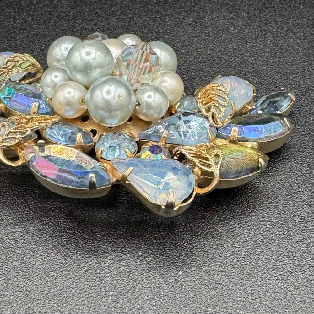 Stunning Blue and Gold Tone Faux Pearl Brooch with Crystal Beads
