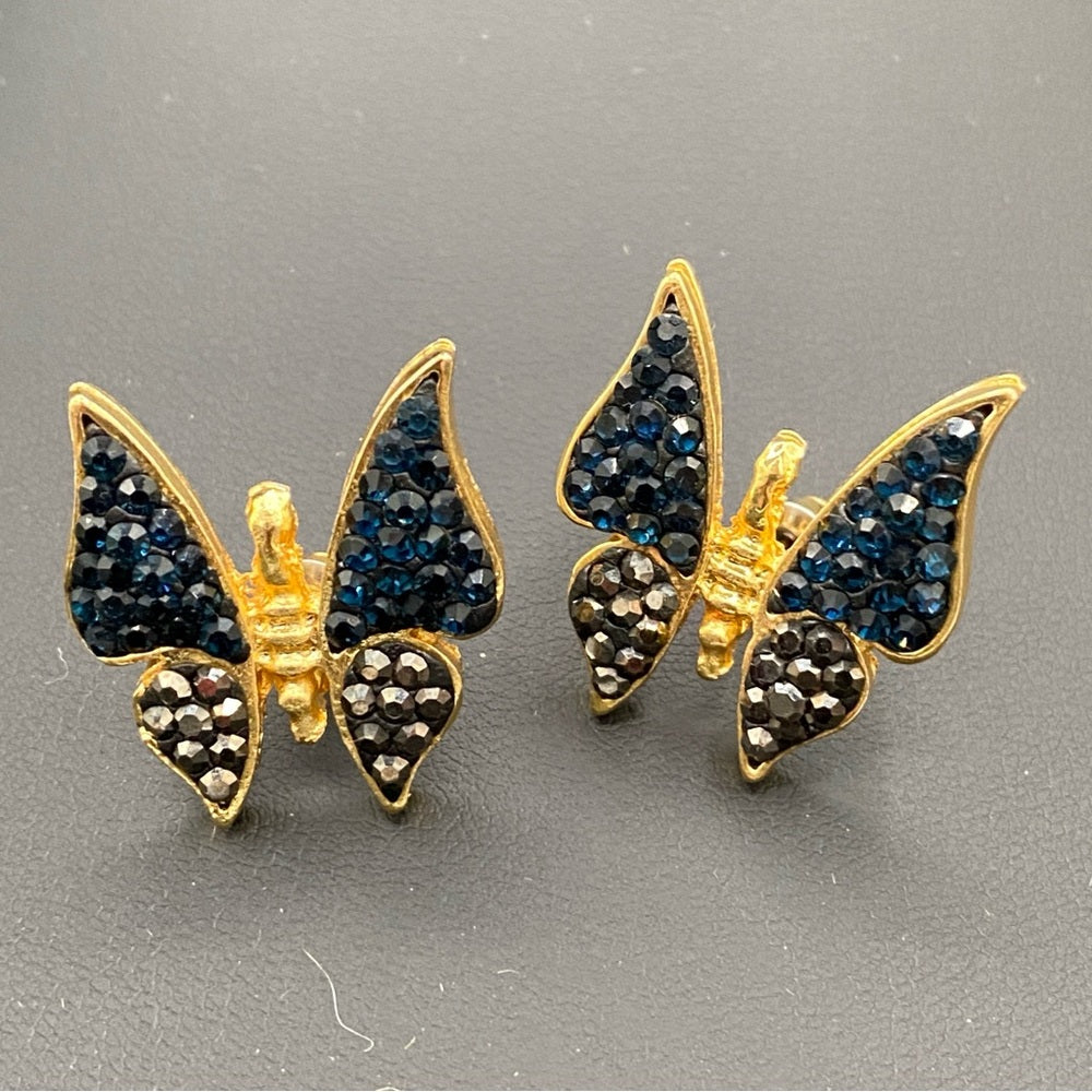 Pave Black and Gunmetal Grey Butterfly Pierced Gold Earrings